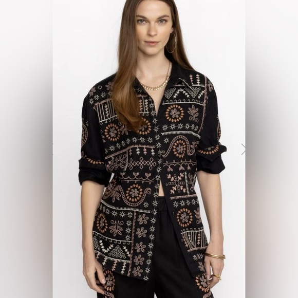 Johnny Was Tops - Johnny Was Faye Relaxed Linen Button Down Embroidered Shirt Lagenlook Size L
